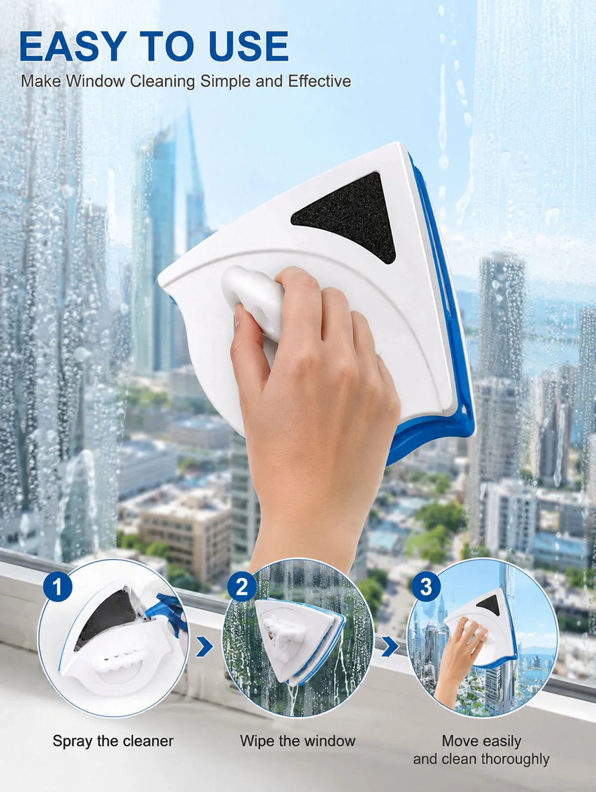 Magnetic double layer glass window cleaner attached to window