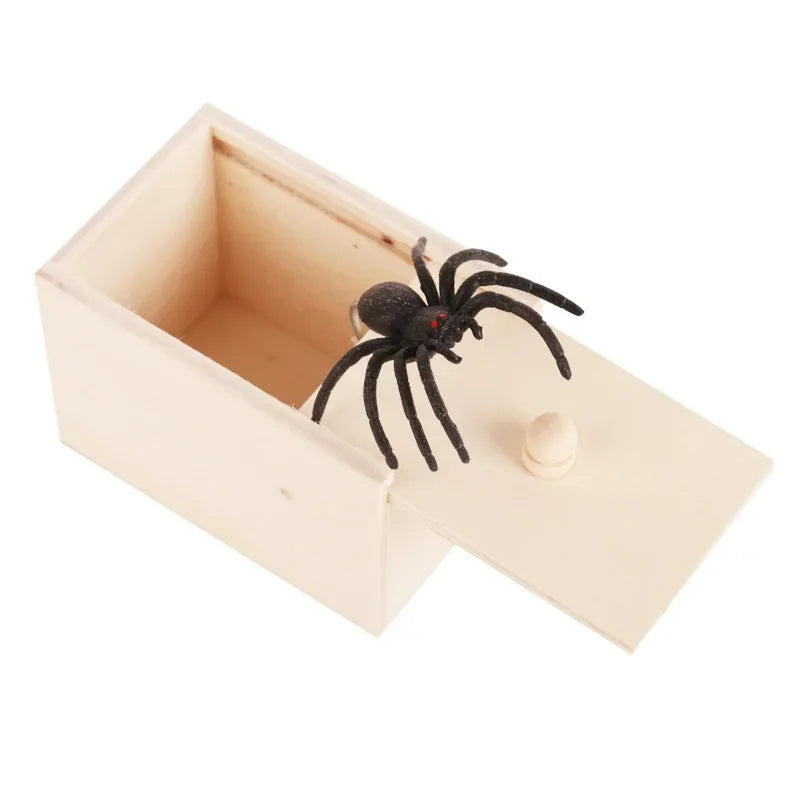 Prank spider in a wooden box, Halloween joke toy and prop, main product photo