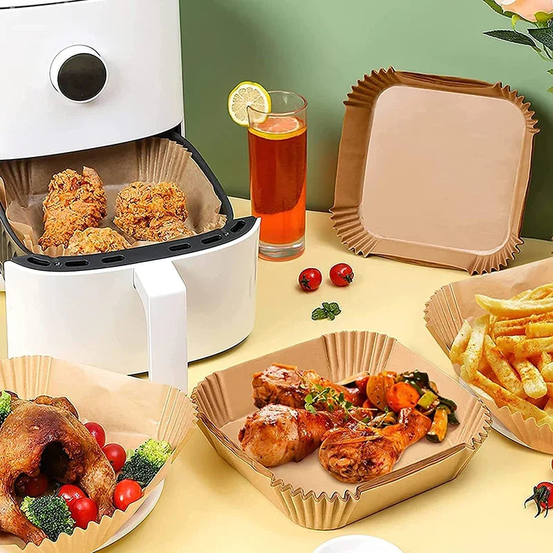 Disposable air fryer paper liners shown in round shape, stacked pack of 100