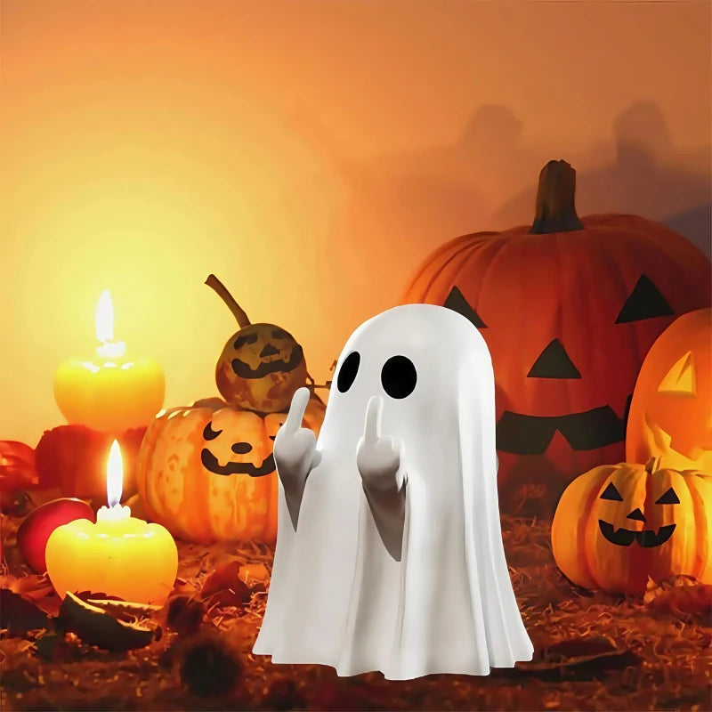 Cute middle finger ghost statue, quirky Halloween decor, main product photo