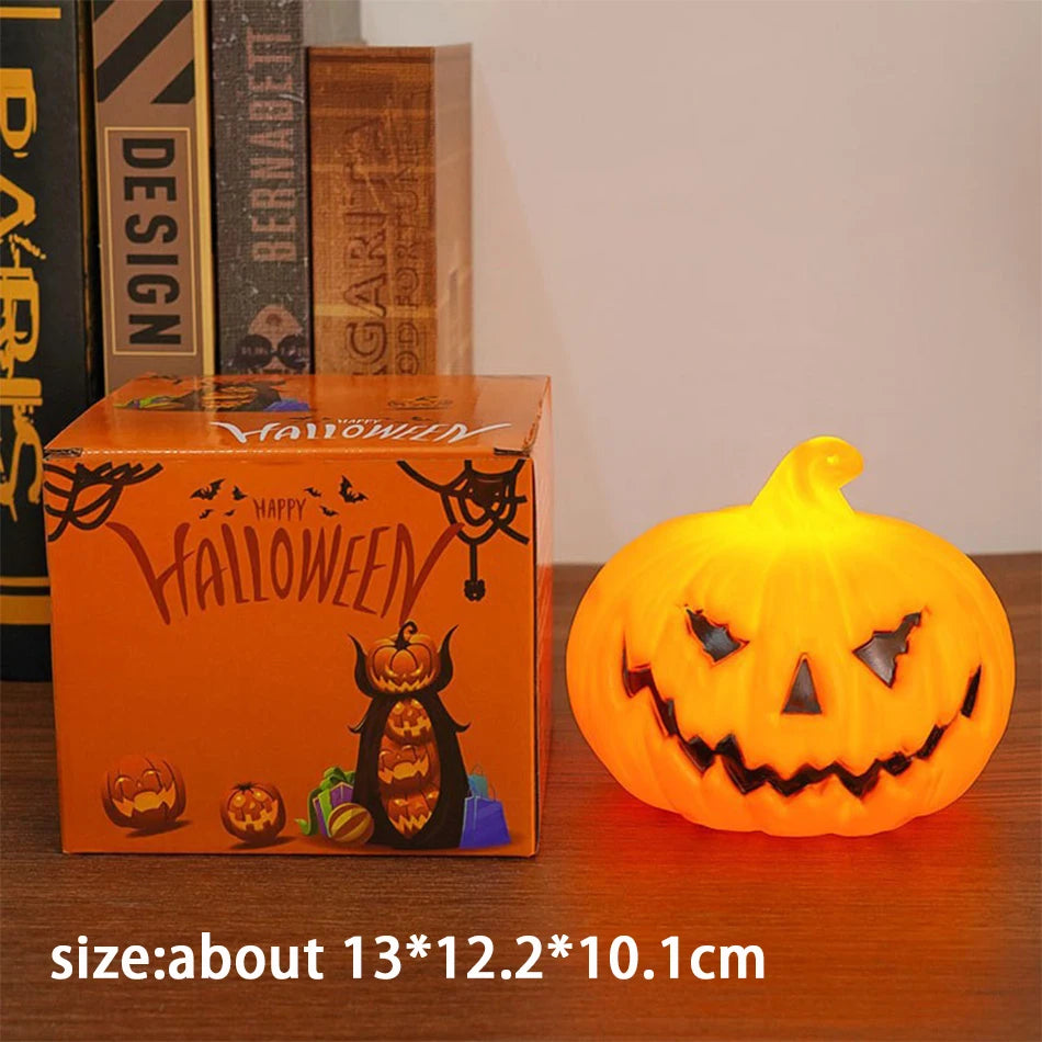 Halloween pumpkin lantern light with skull and ghost faces, main product photo