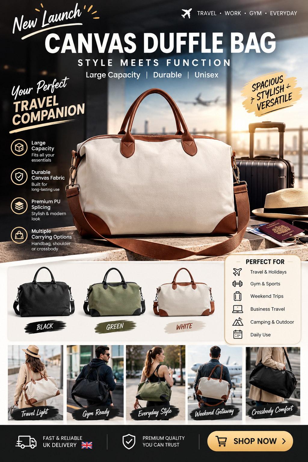 Canvas duffle bag with PU leather splicing, front view